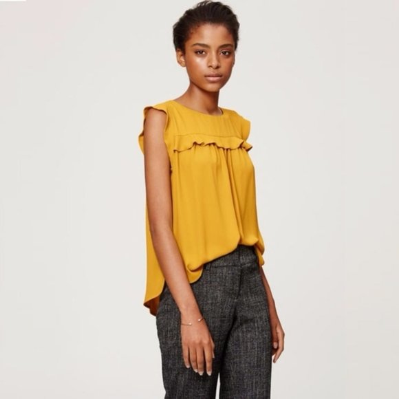 LOFT Mustard Yellow Ruffle Shell Blouse SP - Picture 1 of 7